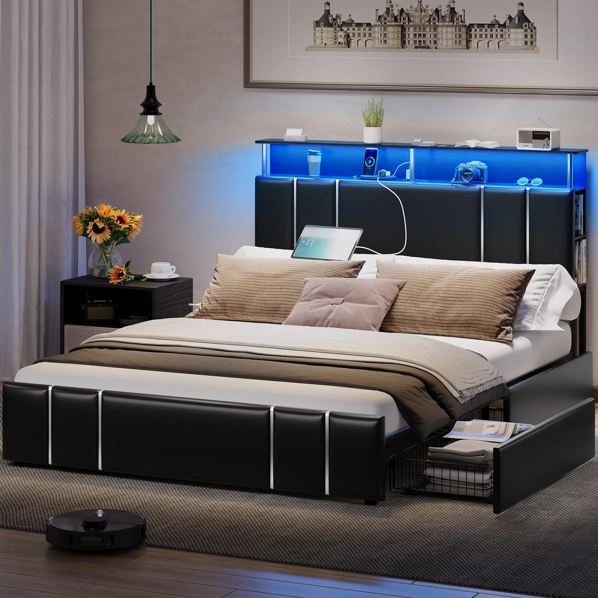 Modern VIAGDO Queen Bed Frame with Bookcase Headboard, LED Lights, Charging Station & Storage Drawers - Black VIAGDO