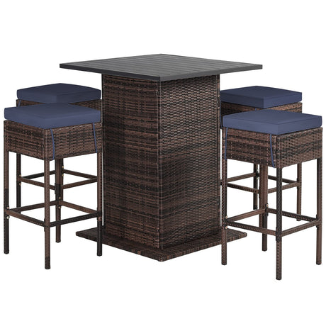 RELAX4LIFE 5-Piece Outdoor Bar Set, Wicker Rattan Bar Height Patio Set w/4 Cushion Bar Stools & Table with Hidden Storage, 5PCS Outdoor High Top Table and Chairs Set for Backyard Poolside (Navy Blue) RELAX4LIFE