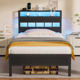 Furnulem Twin Bed Frames with Charging Station and LED Lights, Twin Size Platform Bed with Metal Slats, Wood Headboard with 2-Tier Storage Shelves, No Box Spring Needed, Black Oak Furnulem
