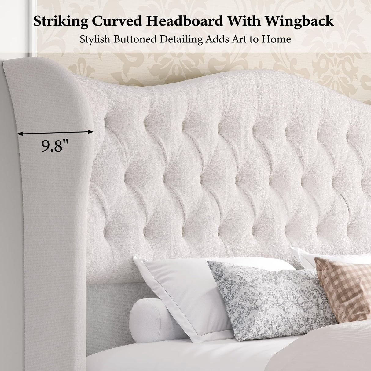 Luxury Queen Size Sleigh Bed Frame with Upholstered Headboard & Footboard,Tufted Chenille Fabric,Sturdy Wood Slat Support,Classic Wingback Design,Cream koorlian