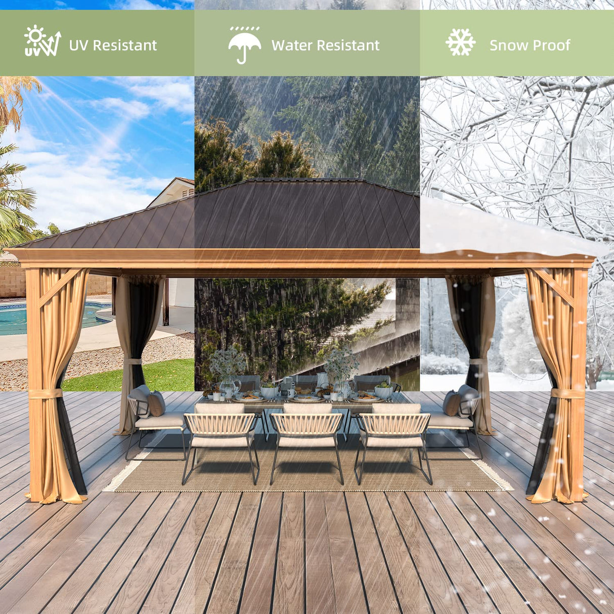 YOLENY 12' x 16' Hardtop Gazebo Metal Gazebo with Faux Wood Grain Aluminum Frame, Galvanized Steel Single Roof Outdoor Patio Gazebo Permanent Pergola with Netting and Curtain for Backyard, Patio, Lawn YOLENY