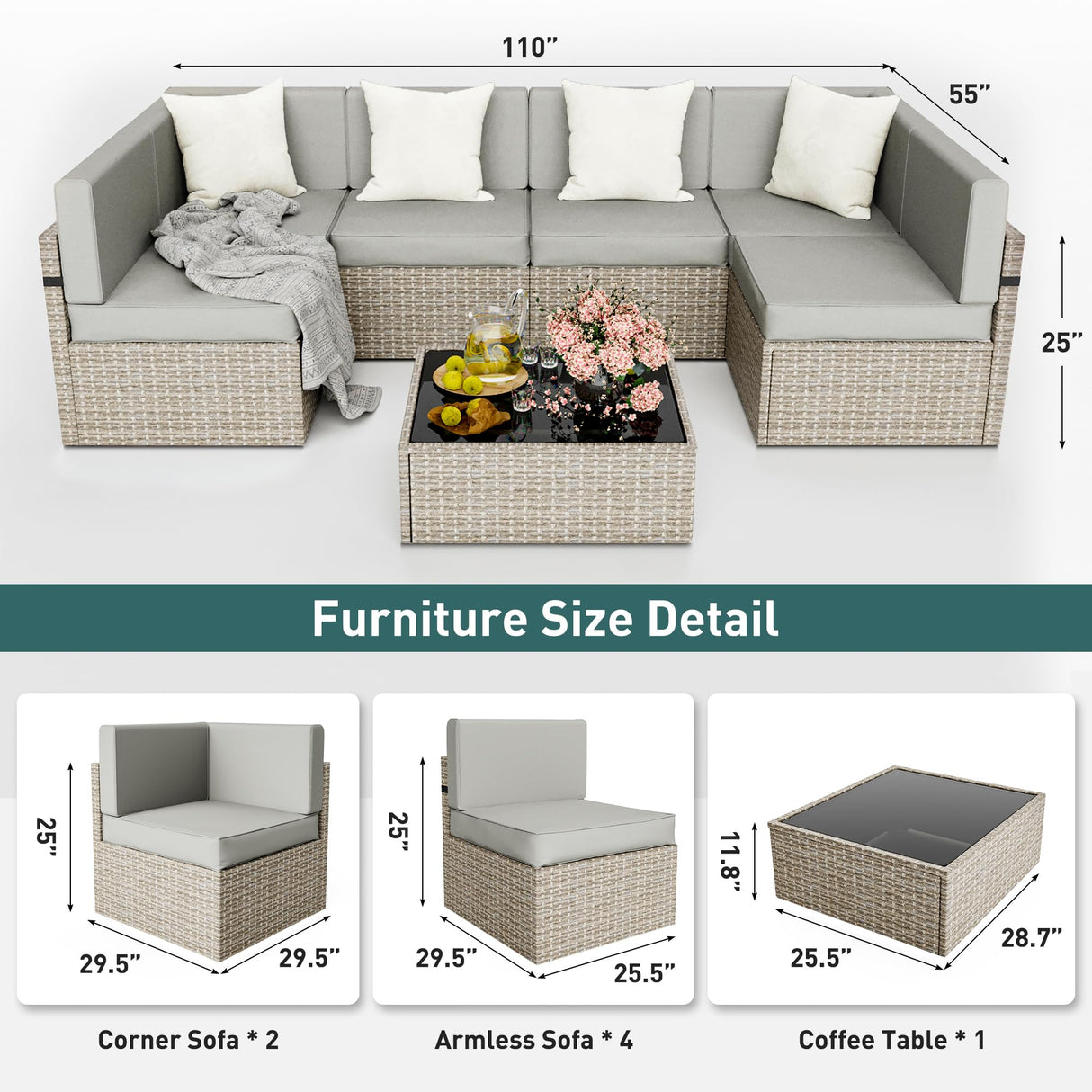 Pamapic 7 Pieces Outdoor Sectional Furniture, Wicker Patio sectional Furniture Sets, All-Weather Rattan Patio Conversation Set with Washable Cushions Covers, Gray Rattan(Gray Cushions) Pamapic