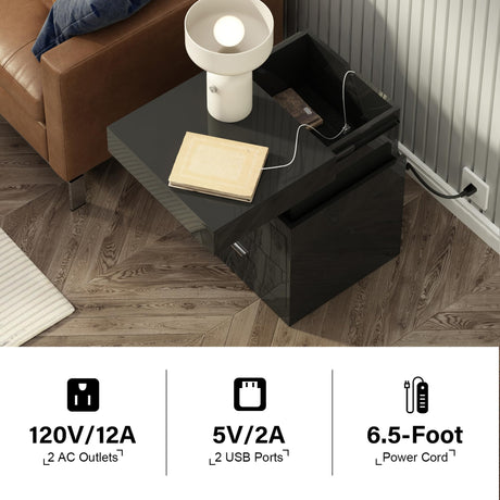 ChooChoo LED Nightstand with Charging Station,Smart Night Stand with Sliding Top Storage, 2-Drawers High Gloss Bedside Table, Modern End Table for Bedroom,Black ChooChoo