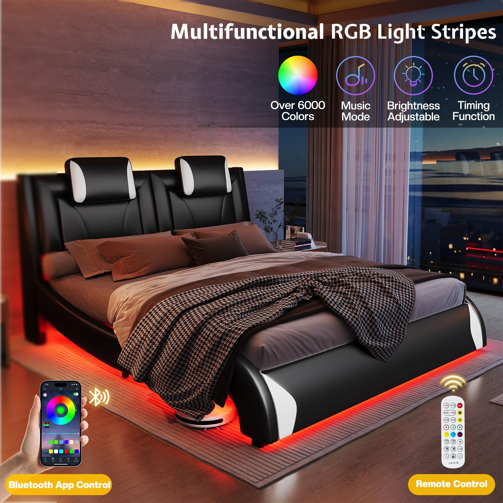 Jocisland Modern Floating Queen Bed Frame with LED Lights and Wave Curve Design in Black - WoodArtSupply