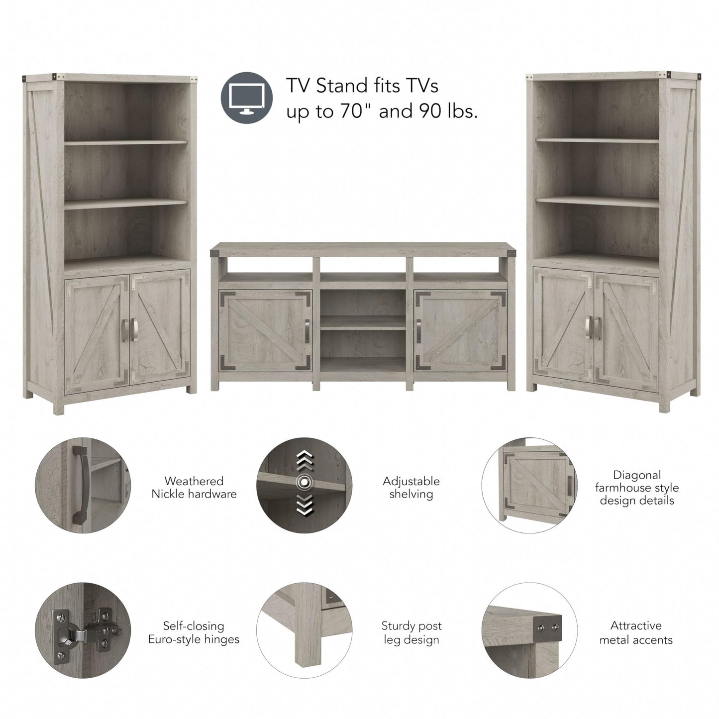 Knoxville Farmhouse TV Stand for 70 Inch TV with 5 Shelf Bookcases in Cottage White - WoodArtSupply