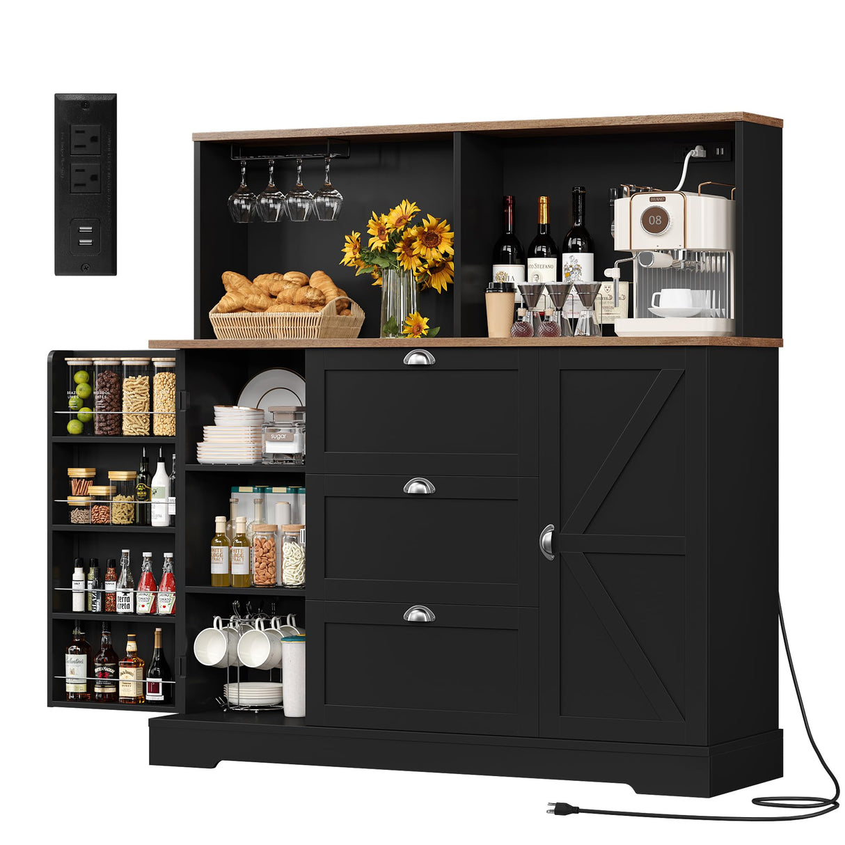 HIFIT Kitchen Pantry Buffet Cabinet with Storage and Charging Station, Farmhouse Kitchen Storage Cabinet Coffee Bar with Wine Rack|Barn Door|Microwave Stand|Door Shelves for Living Room, Black HIFIT