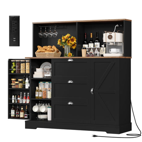 HIFIT Kitchen Pantry Buffet Cabinet with Storage and Charging Station, Farmhouse Kitchen Storage Cabinet Coffee Bar with Wine Rack|Barn Door|Microwave Stand|Door Shelves for Living Room, Black HIFIT