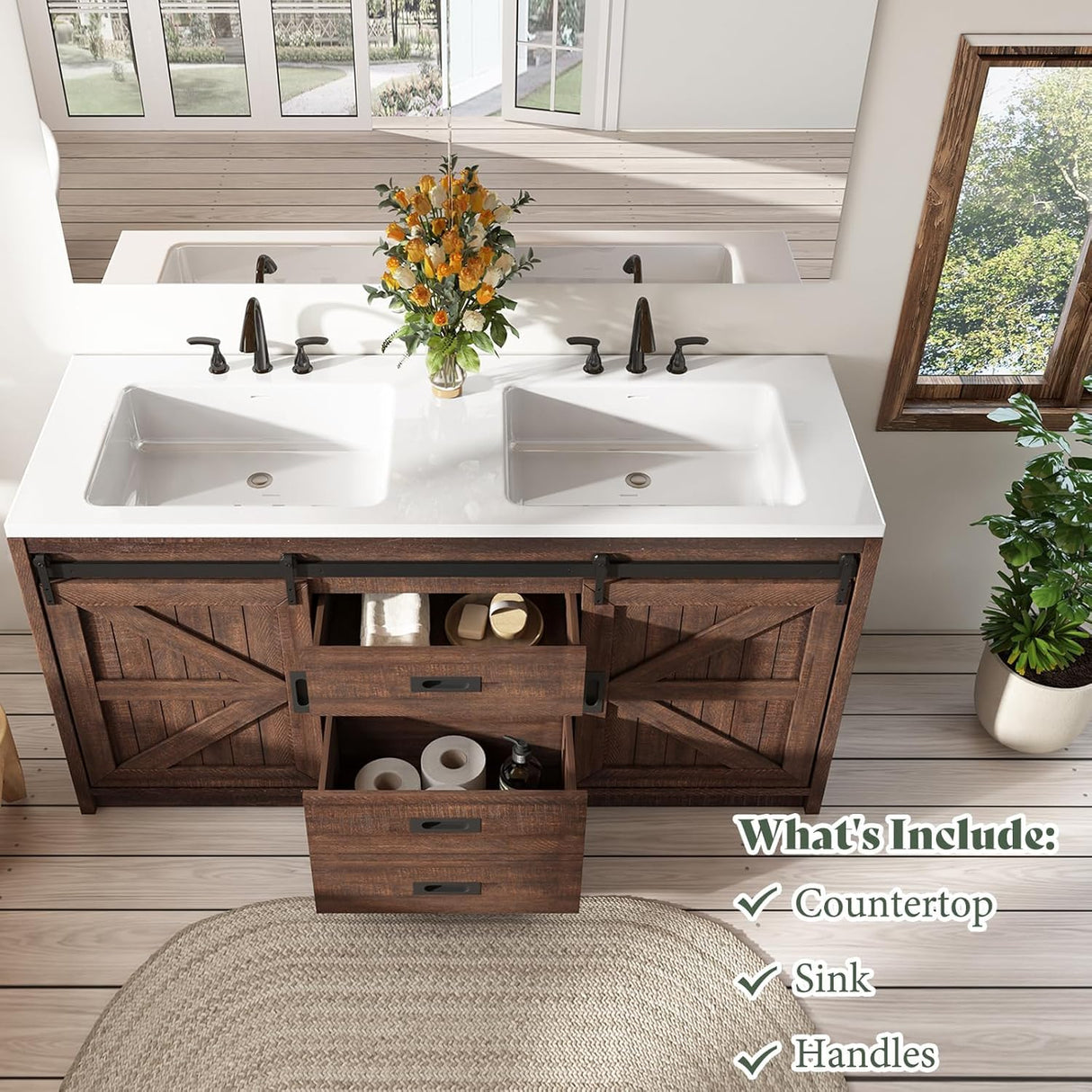 LUXOAK 60" Farmhouse Bathroom Double Vanity Sliding Barn Door with Sink Combo, Freestanding, Bathroom Vanity Cabinet with Drawers & Metal Handles, Reclaimed Barnwood LUXOAK