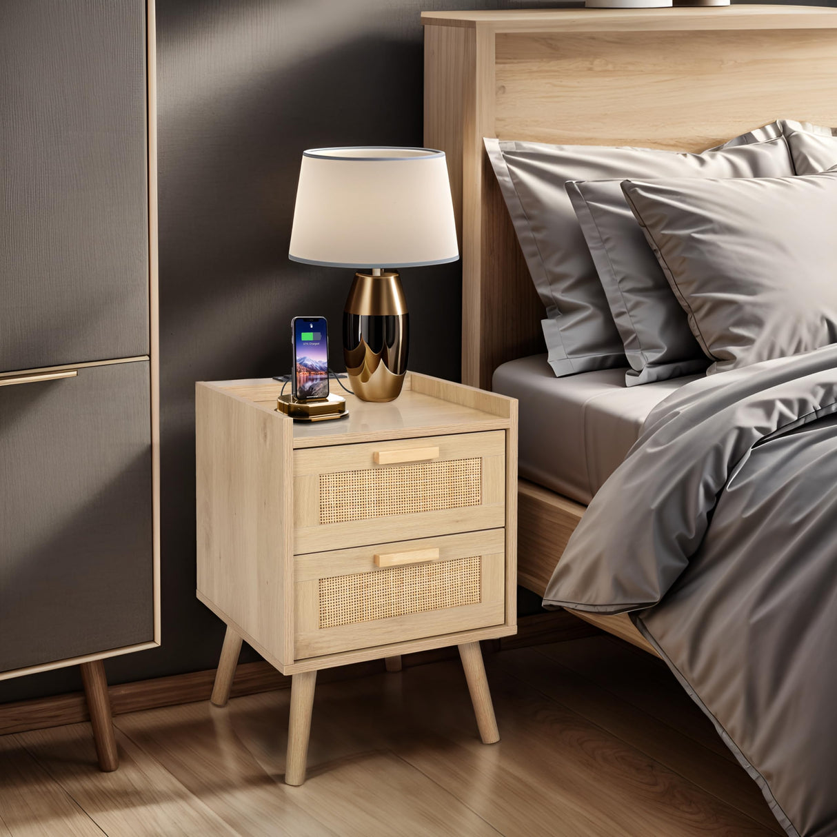 Finnhomy Nightstand with Charging Station, Bedside Table with 2 Hand Made Rattan Decorated Drawers, Night Stand with Storage for Bedroom, Natural Finnhomy