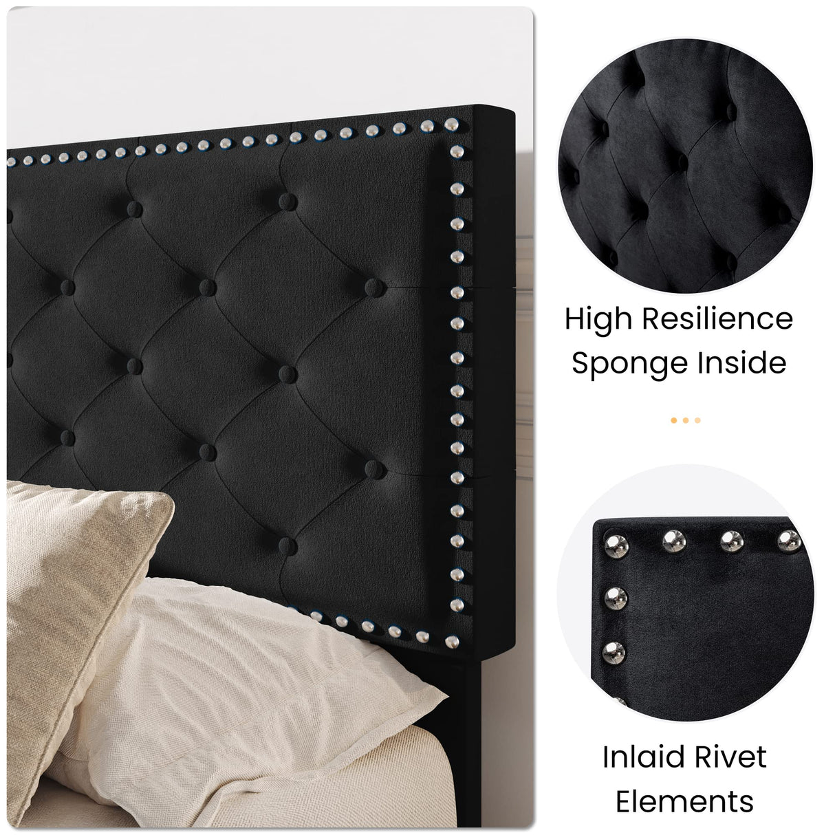 SHA CERLIN Queen Size Velvet Bed Frame with Adjustable Headboard, Diamond Button Tufted and Rivet Decor, No Box Spring Needed, Black SHA CERLIN