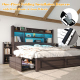 LUXOAK King Bed Frame with 49.6" Bookcase Headboard & 2 Bedside Stoage Racks & 4 Drawers, Farmhouse Wood Bed Frame with RGB LED & Charging Station, No Box Spring Needed, Black LUXOAK