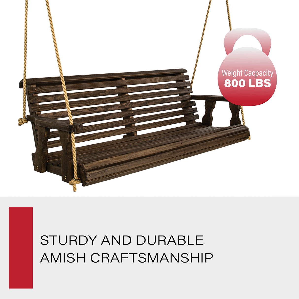 Amish Casual Heavy Duty 800 Lb Roll Back Treated Porch Swing with Hanging Ropes (5 Foot, Dark Walnut Stain) Amish Casual