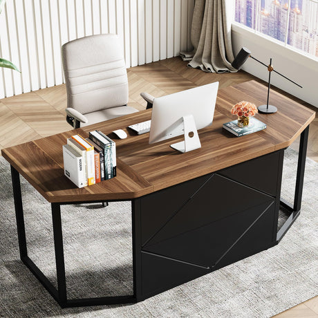 Tribesigns 63 Inch Executive Desk, Large Computer Desk with Privacy Panel, Modern Simple Style Home and Office Desk, Gaming Desk Writing Table Study Desk Business Furniture, Brown and Black Tribesigns