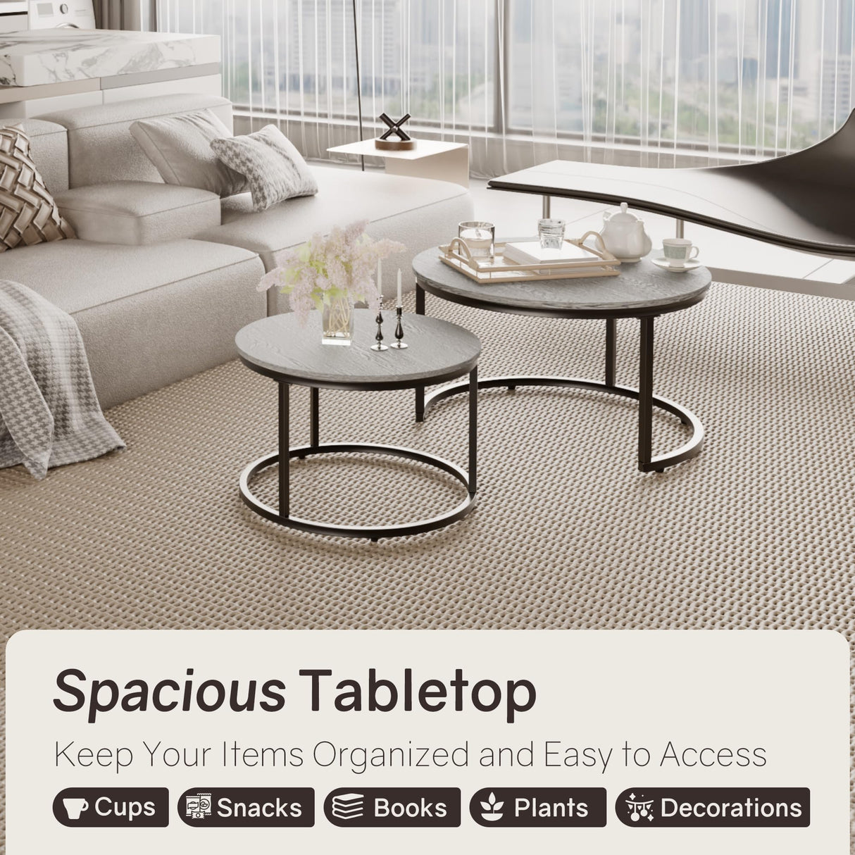 Otterease Nesting Tables Set of 2, 31.5" Round Coffee Table, Small Nesting Coffee Table with Adjustable Non-Slip Fee, Wood Grain Top Nesting Tables for Living Room, Bedroom (Wood Grain Grey) Otterease