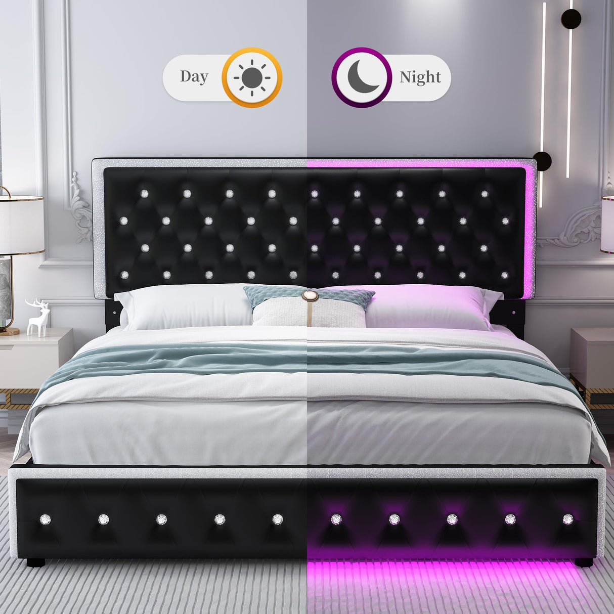 SIBEDS Queen LED Bed Frame with 2 Drawers, Storage Platform Beds with Upholstered Crystal Button Tufted Headboard Footboard, 2 Side Pockets, No Box Spring Needed, PU Black SIBEDS