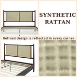 Bme Oliver King Bed Frame and Headboard - 15-Inch Signature Design with Rattan Headboard, Bohemian and Mid Century Style, 12-Slat Wood Support, No Box Spring Needed - Easy Assembly, Walnut Bme