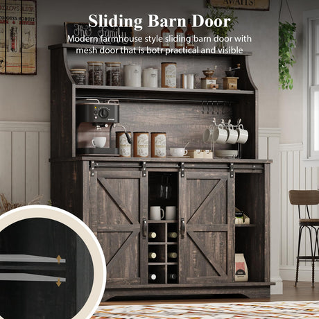 47" Farmhouse Coffee Bar with 3-Tier Storage, Kitchen Hutch with 12 Wine Racks & 3 Glass Holders, Coffee Hutch Cabinet with 6 Hooks, Wine Bar Cabinet for Kitchen, Dining Room, Living Room, Rustic Oak REVOMINCA