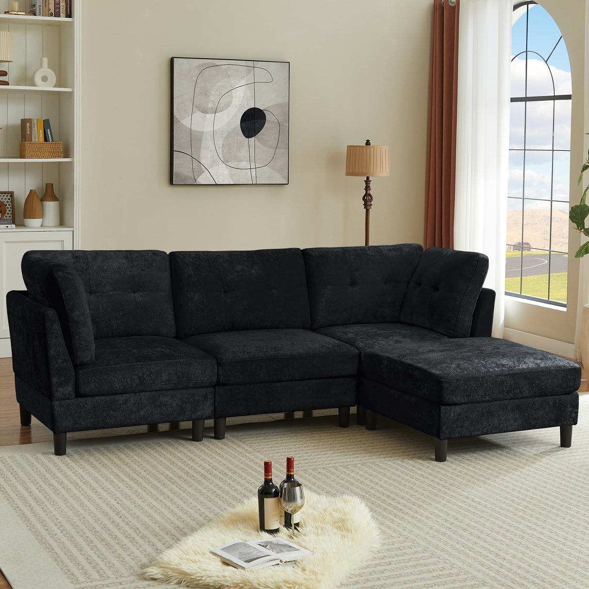 Portaforta 100" Oversized Sectional Couches for Living Room, Modular Sectional Sofa Couch, Modern Linen L Shaped Couch, 4 Seater Convertible Sofa for Living Room Apartment Office, Black Portaforta