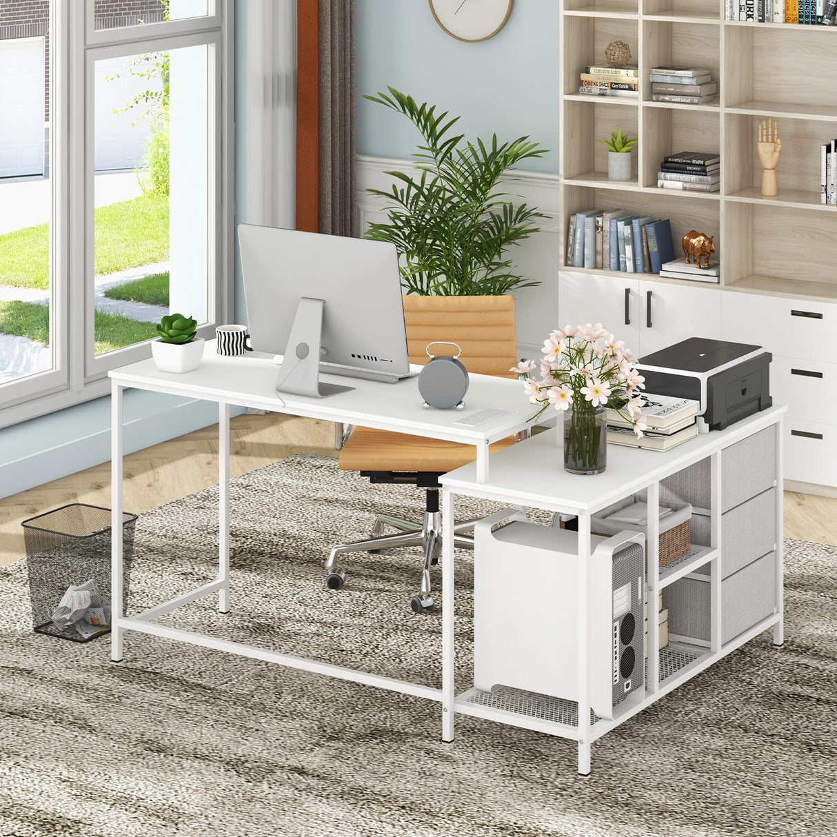 Tangkula 81 Inch L-Shaped Desk with Power Outlet, Convertible Corner Desk with Drawers & Shelves, Office Desk for Working, Studying, Gaming (White) Tangkula