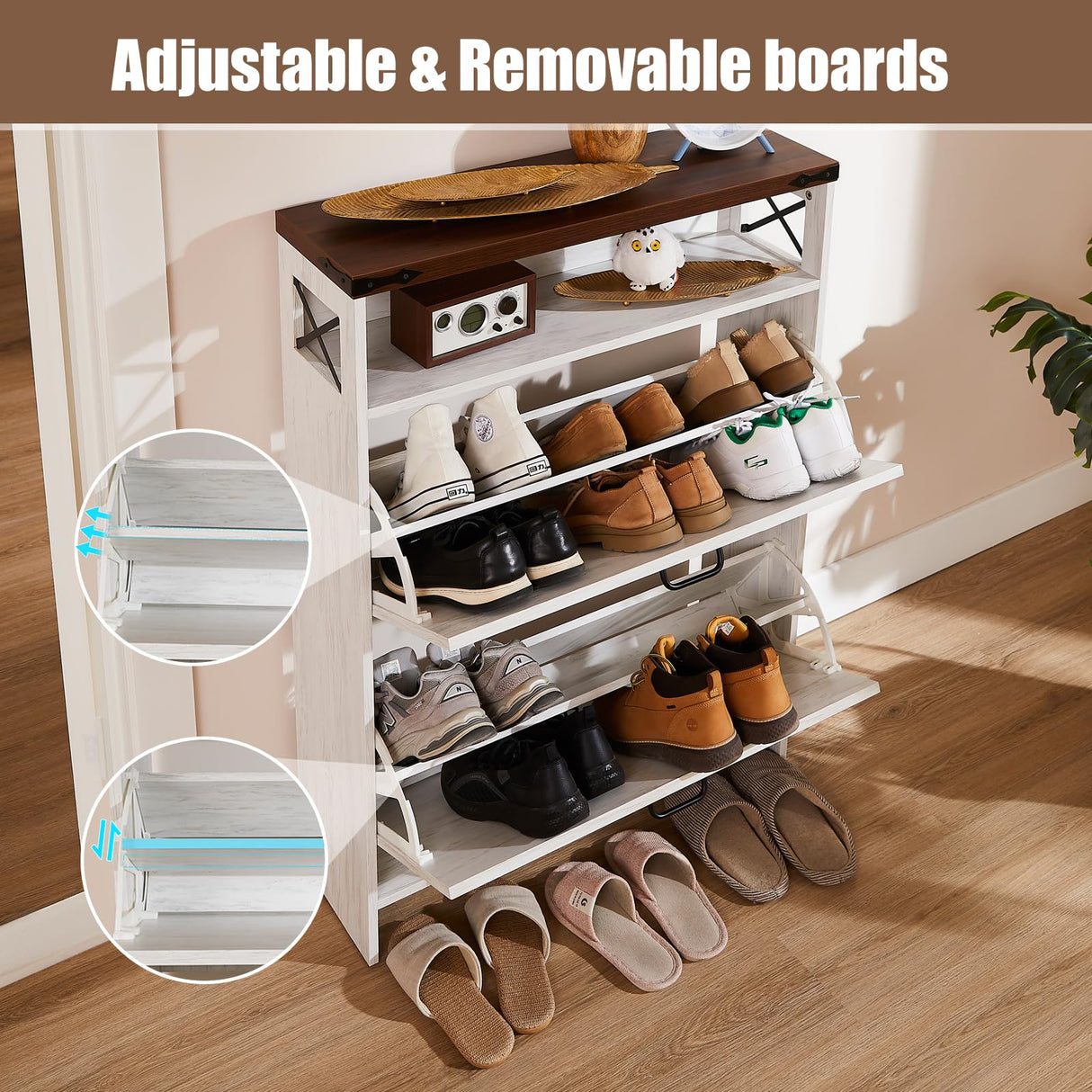 EXRIARO Shoe Cabinet Storage for Entryway, Shoe Storage Cabinet with 2 Flip Drawers, Farmhouse Shoe Storage Organizer Cabinet for Heels,Slippers,Sneakers (White) EXRIARO