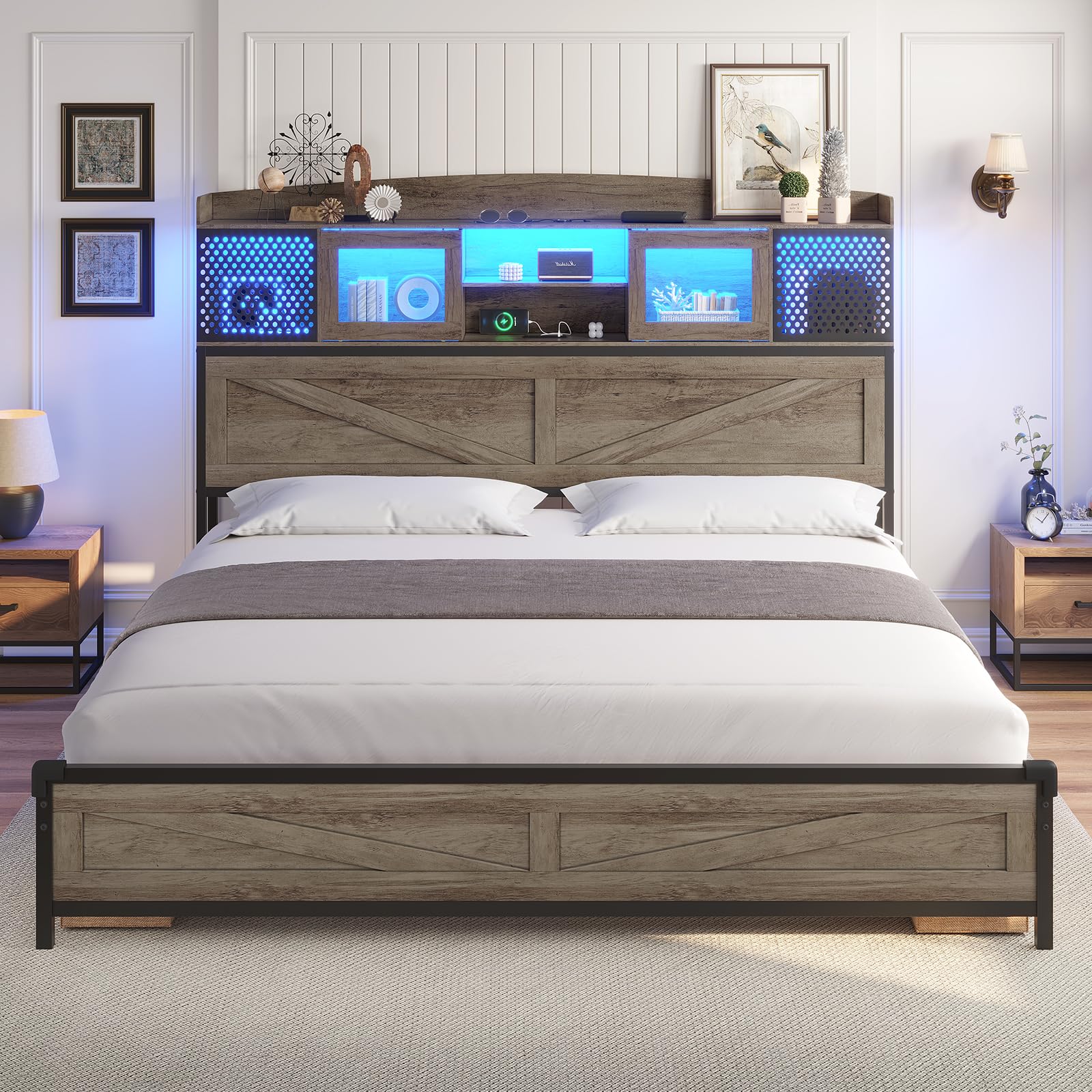 HAUOMS Rustic Oak King Size Bed Frame with LED Lights, Storage Headboard, and Charging Station - WoodArtSupply