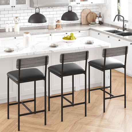 Amyove Bar Stools Set of 2, Upholstered Bar Chairs with Back, 25.5 Inches Kitchen Bar Stools with Footrest, Thick Cushion, Counter Height Barstools for Island, Counter Bar, Easy Assembly, Rustic Grey Amyove