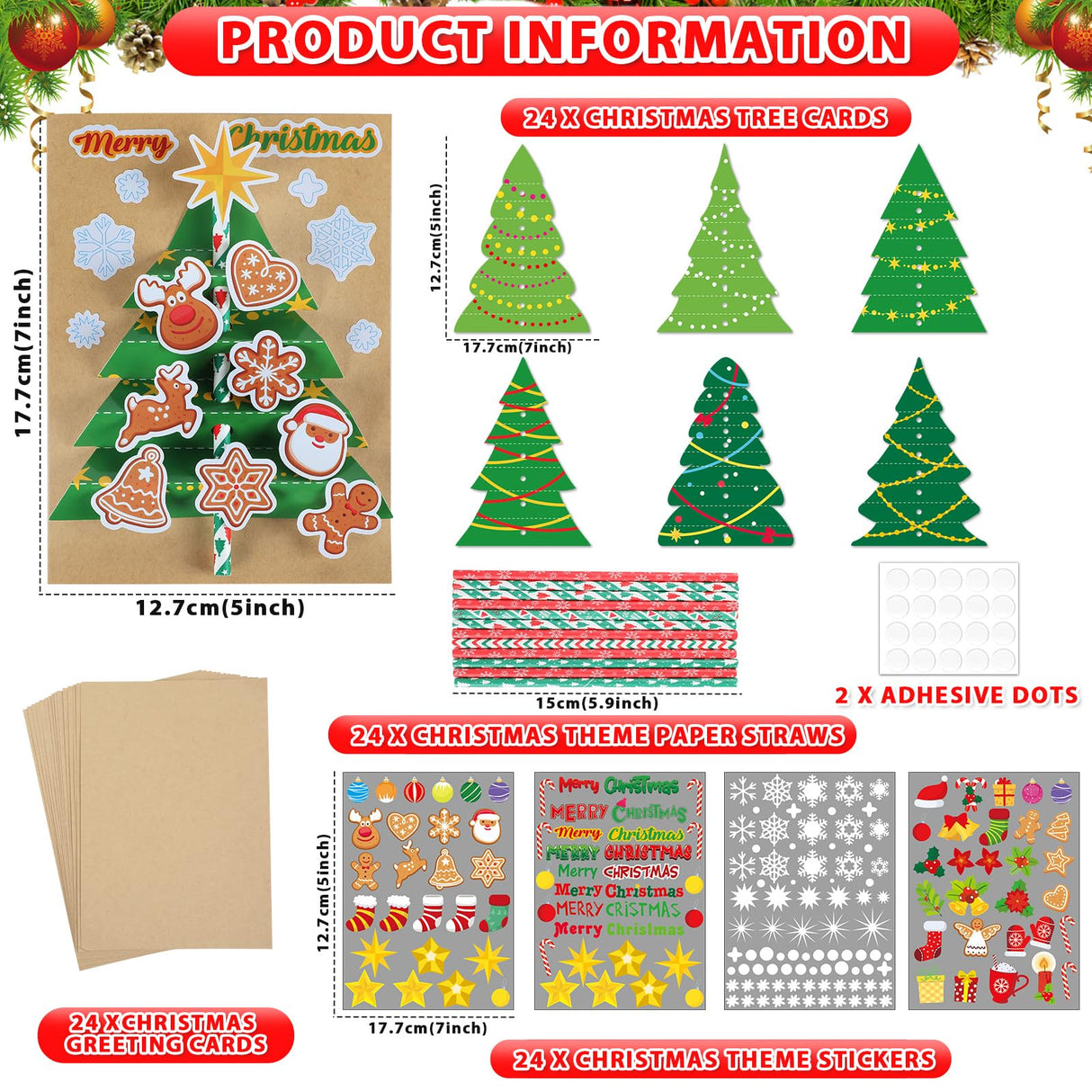 Justforjoyful 24 Sets Christmas Card Making Craft Kit for Kids 3D Christmas Tree Cards Crafts DIY Handmade Greeting Card Holiday Xmas Art and Crafts Supplies for Christmas Home Classroom Activities Justforjoyful