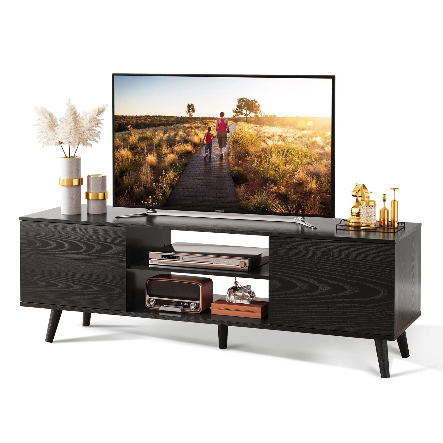 WLIVE TV Stand for 55 60 inch TV, Entertainment Center with Storage Cabinets, Rustic TV Console for Living Room Decor, Black