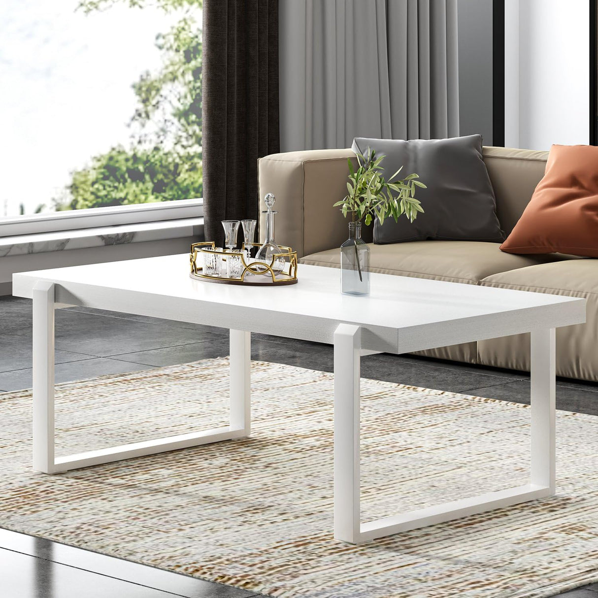 FOLUBAN White Coffee Table, Modern Rustic Wood and Metal Center Table, Rectangle Cocktail Tea Table for Living Room, 47 Inch FOLUBAN