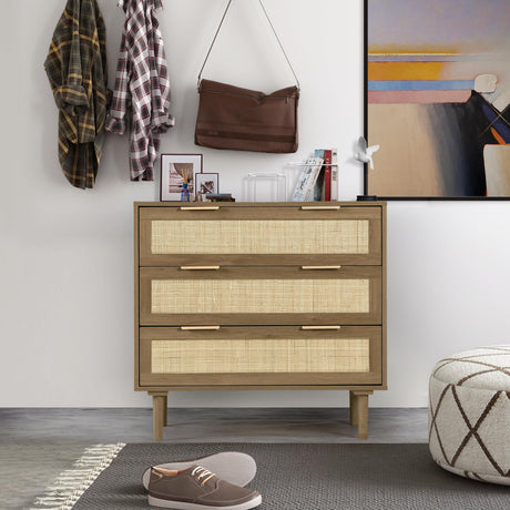 HOPUBUY 3 Drawer Dresser for Bedroom, Rattan Dresser Modern Closet Dressers Chest of Drawers, Wood Brown 3 Drawer Storage Chest for Kids Bedroom, Hallway, Living Room HOPUBUY