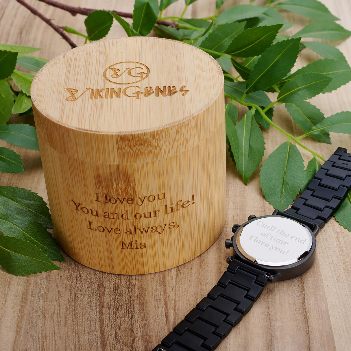 Vikingenes Men's Personalized Wooden Watch – Engraved Wood Watch for Him, Unique Mens Gift, Personalized Wooden Watch, Natural Wood Wristwatch, Personalized Men's Birthday Gift Vikingenes