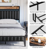 IDEALHOUSE King Bed Frame with Charging Station, LED Bed Frame with Storage Headboard, Upholstered Platform Bed Frame, No Box Spring Needed, Easy Assembly, Black IDEALHOUSE