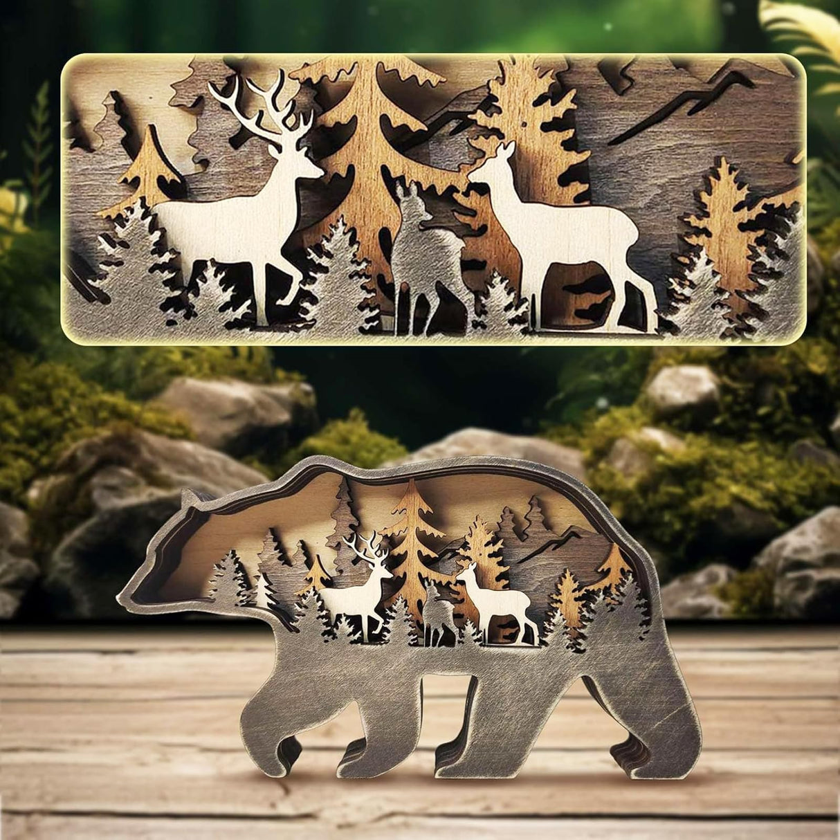 Drawely 3D Wooden Animals Carving, Wood Carving Animals Wall Decor, Modern Festival Forest Sculpture Christmas Living Room Office Decor Birthday Gifts for Friend Daughter Son Mom Dad (Bear) Drawelry