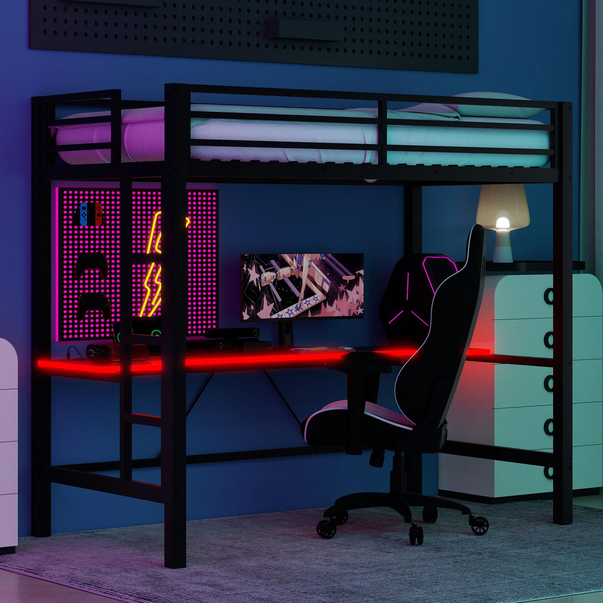 RuiSiSi Twin Size Metal Loft Bed with LED Light and Desk, Black Loft Bed with Storage for Kids, Noise Free RuiSiSi