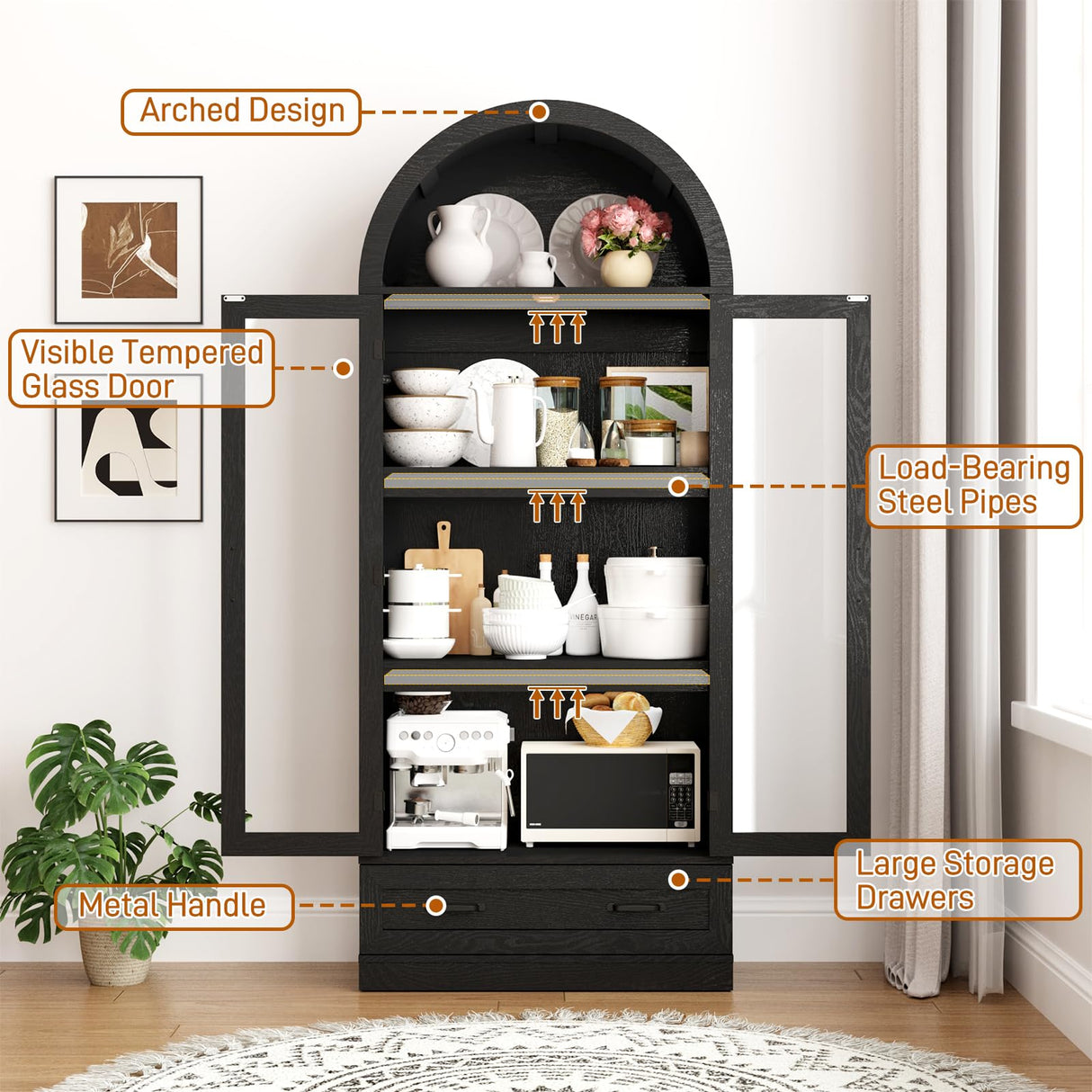 75" Tall Arched Kitchen Pantry Cabinet w Load-Bearing Steel Pipe,Modern Farmhouse Kitchens Storage Cabinet with Drawer and Glass Doors,Tall Arched Bookcase,Pantry Organizer(Woodgrain Black) chartustriable