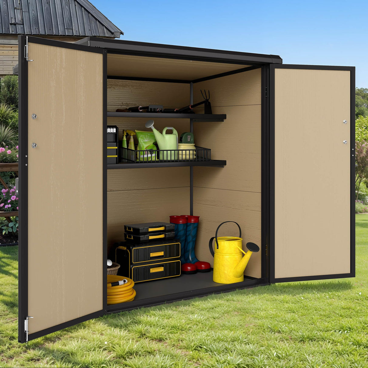 GOOBED Outdoor Storage Shed with 2 Adjustable Shelves, 49 Cu Ft Waterproof Vertical Garden Tool Shed with Lockable Door, Plastic Tall Tool Cabinet for Backyard Garden Patio Lawn, Brown GOOBED