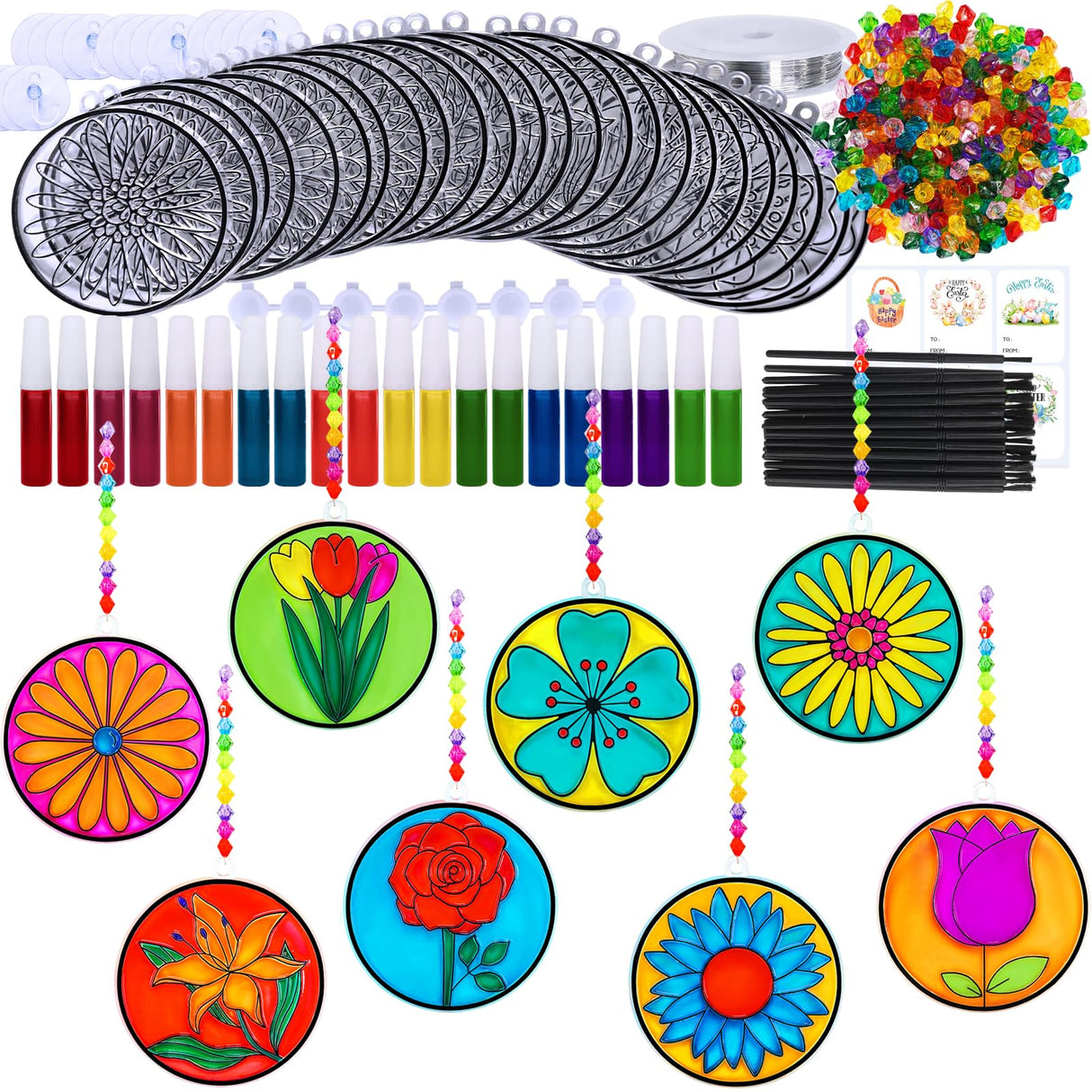 Winlyn 24 Set Spring Flower Suncatchers Ornaments Decorations DIY Window Paint Art Kit for Kids Classroom Activities Party Favors Winlyn