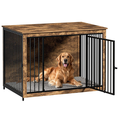 BREEZEHEAT Dog Crate Furniture with Cushion, 44'' Wooden Dog Crate Kennel with Double Doors, Heavy-Duty Dog Cage End Table for Small/Medium/Large Dog, Indoor Dog House, Rustic Brown