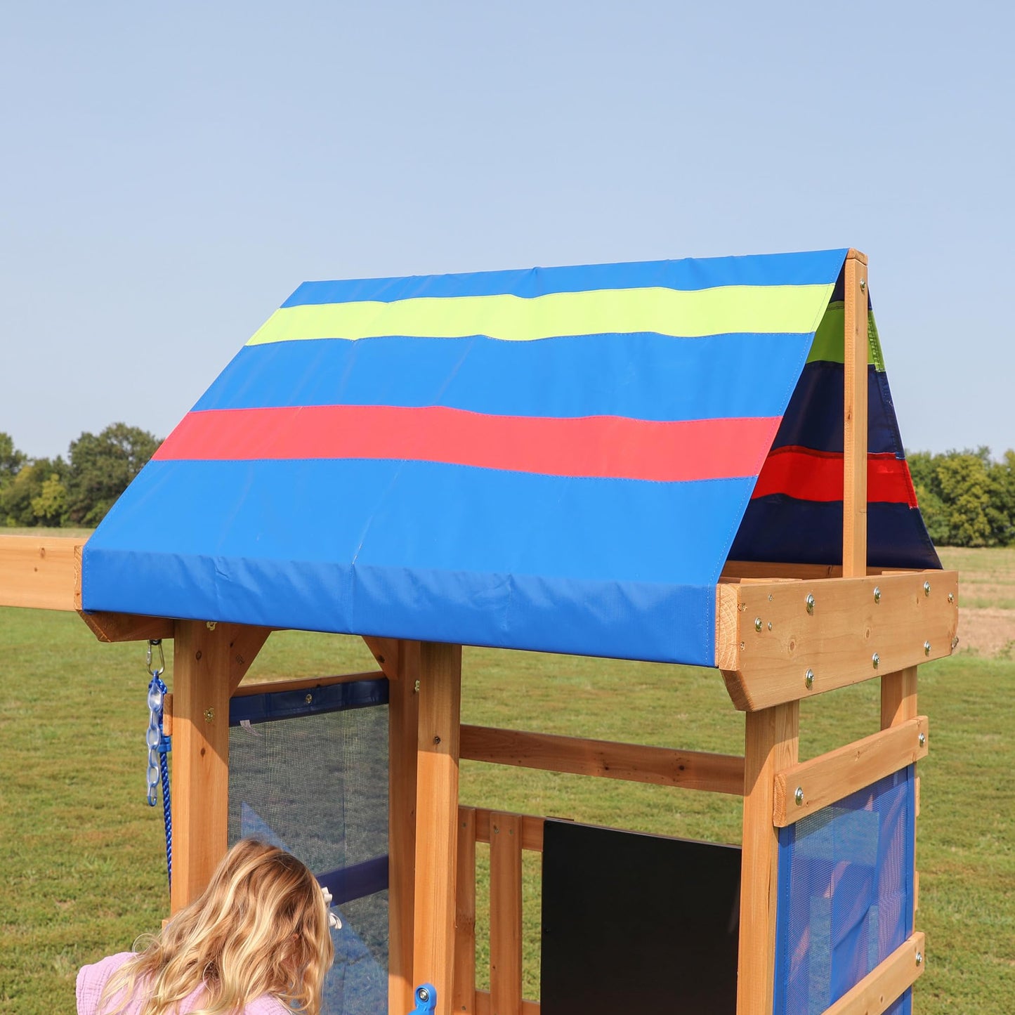 Backyard Discovery Bay Pointe All Cedar Wooden Swing Set, Large Upper Deck with Canopy, Sandbox, Rock Wall, Slide, Two Swings, Chalkboard Blue - WoodArtSupply