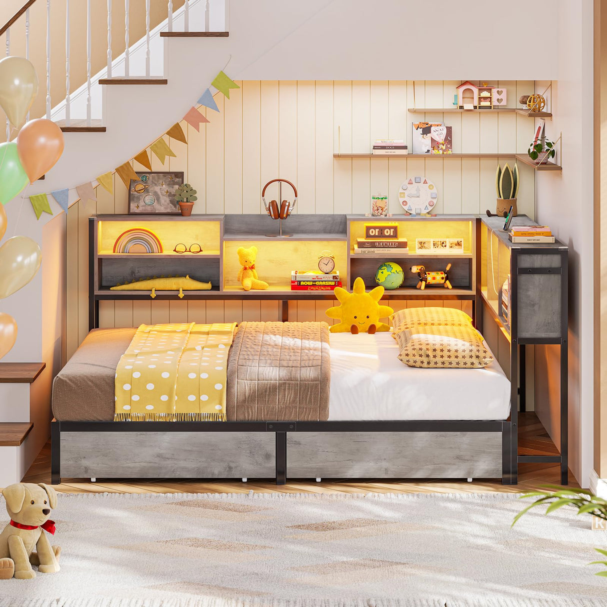 Hasuit Full Corner Bed Frame with Storage Bookcase, Full Size Daybed with 2 Underneath Storage Drawers, Kids Bed Unit with Charging Station and LED Light, Modern Teenagers Bedframe, Oak Gray Hasuit