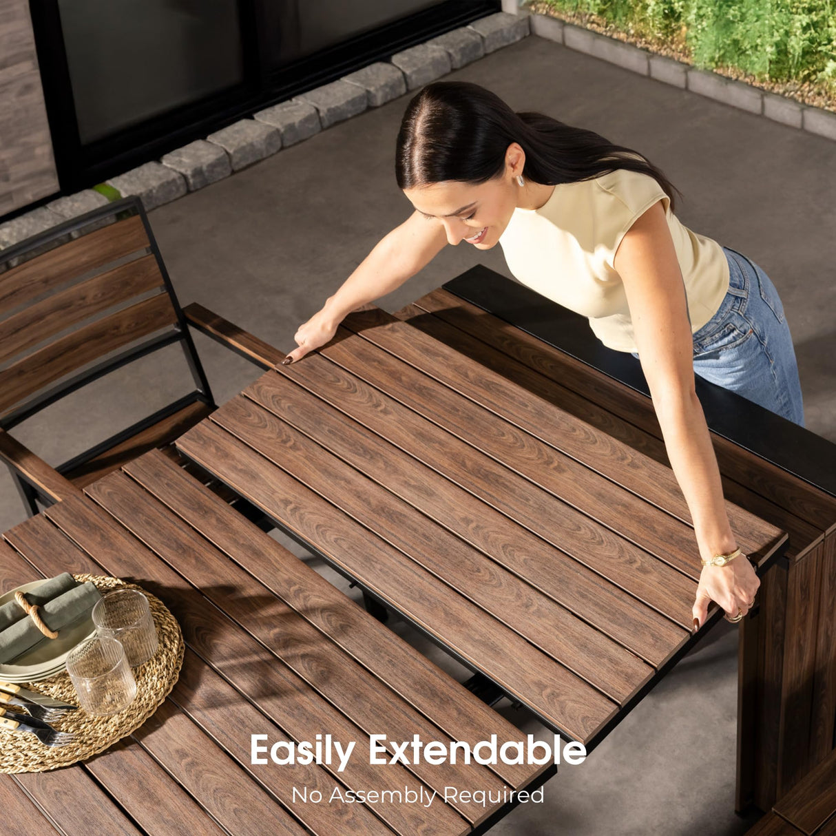 Transformer Table Outdoor Patio Furniture Set for 4 to 12, Expandable Outdoor Table and Chairs Set of 4 with Dining Bench, Weather Resistant Extendable Patio Table with Chairs & Bench Transformer Table