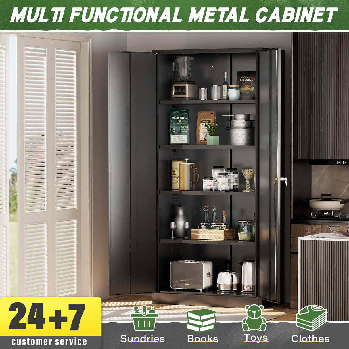 Greenvelly Metal Cabinet with Lock,72" Metal Storage Cabinet with 2 Doors and 4 Adjustable Shelves, Locking Cabinet for Home Office, Garage(32" W x 16" D) Greenvelly