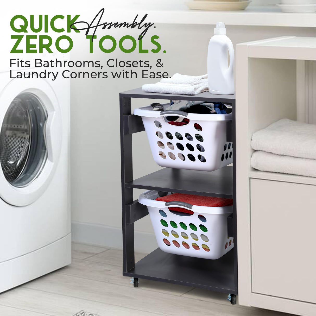 Laundry Basket Holder Shelf (2-Tier) - Stackable Engineered Wood Laundry Tower with Wheels, Tiered Laundry Hamper Organizer for Bathroom, Bedroom LEAPOAK