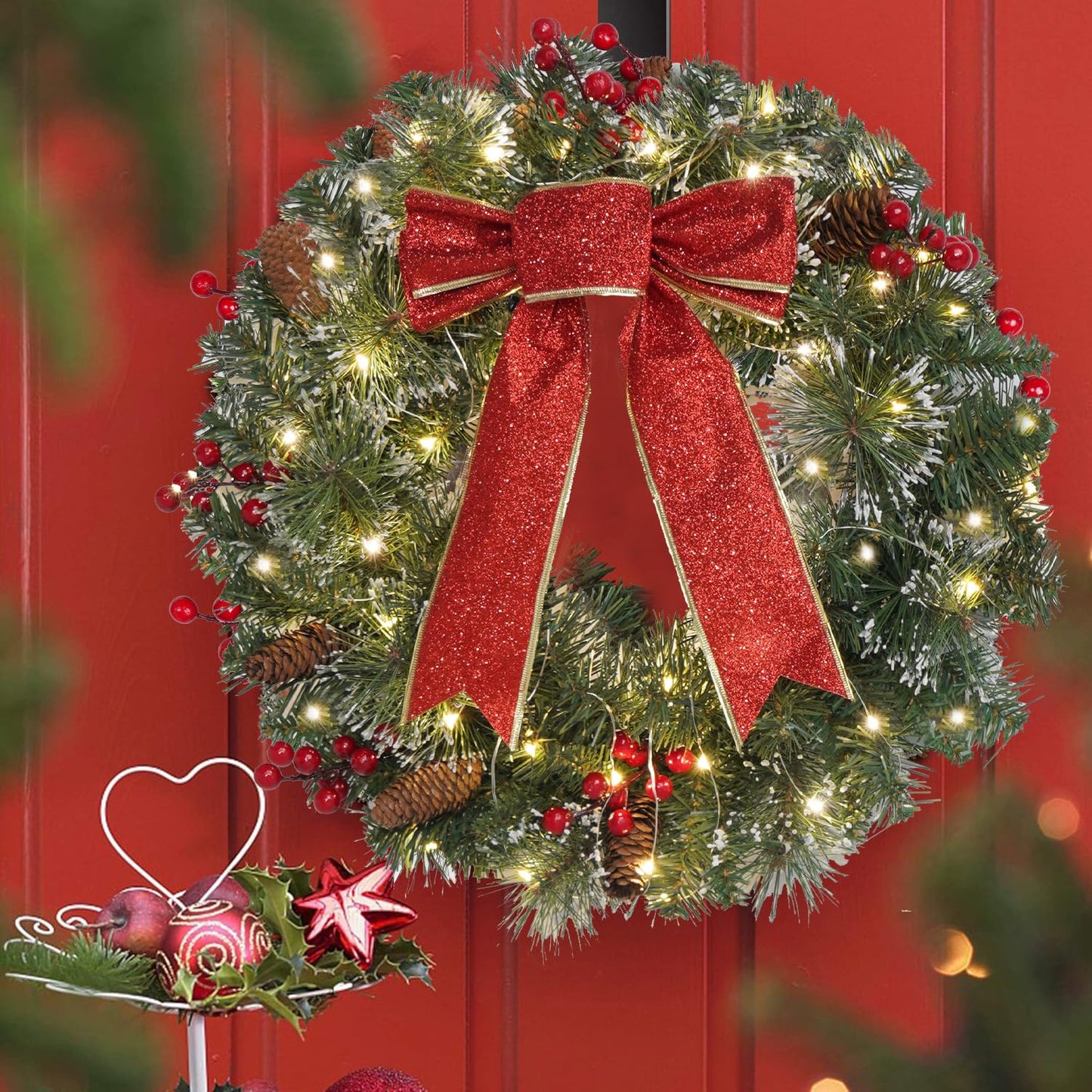 Christmas Wreath Lights Winter Wreath - 16-Inch Lighted Christmas Door Wreath, Large Pre-Lit Christmas Decorations, Christmas Wreaths for Front Door, Christmas Window Decorations by DiliComing