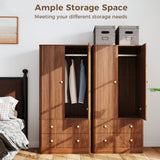 AraSyleon Wooden Wardrobe, Bedroom Armoire Closet with Drawers and Hanging Rod, Modern Fluted Gold Metal Handles, Large-Capacity Clothing Storage Cabinet, 66 inches Tall, Walnut AraSyleon