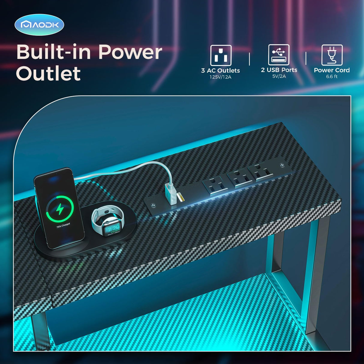 AODK Computer Desk, 48 Inch Gaming Desk with Led Lights & Power Outlet, Office Desk with Printer Storage Shelves, Reversible Desk with Monitor Shelf & Headphone Hook, Carbon Fiber Black AODK