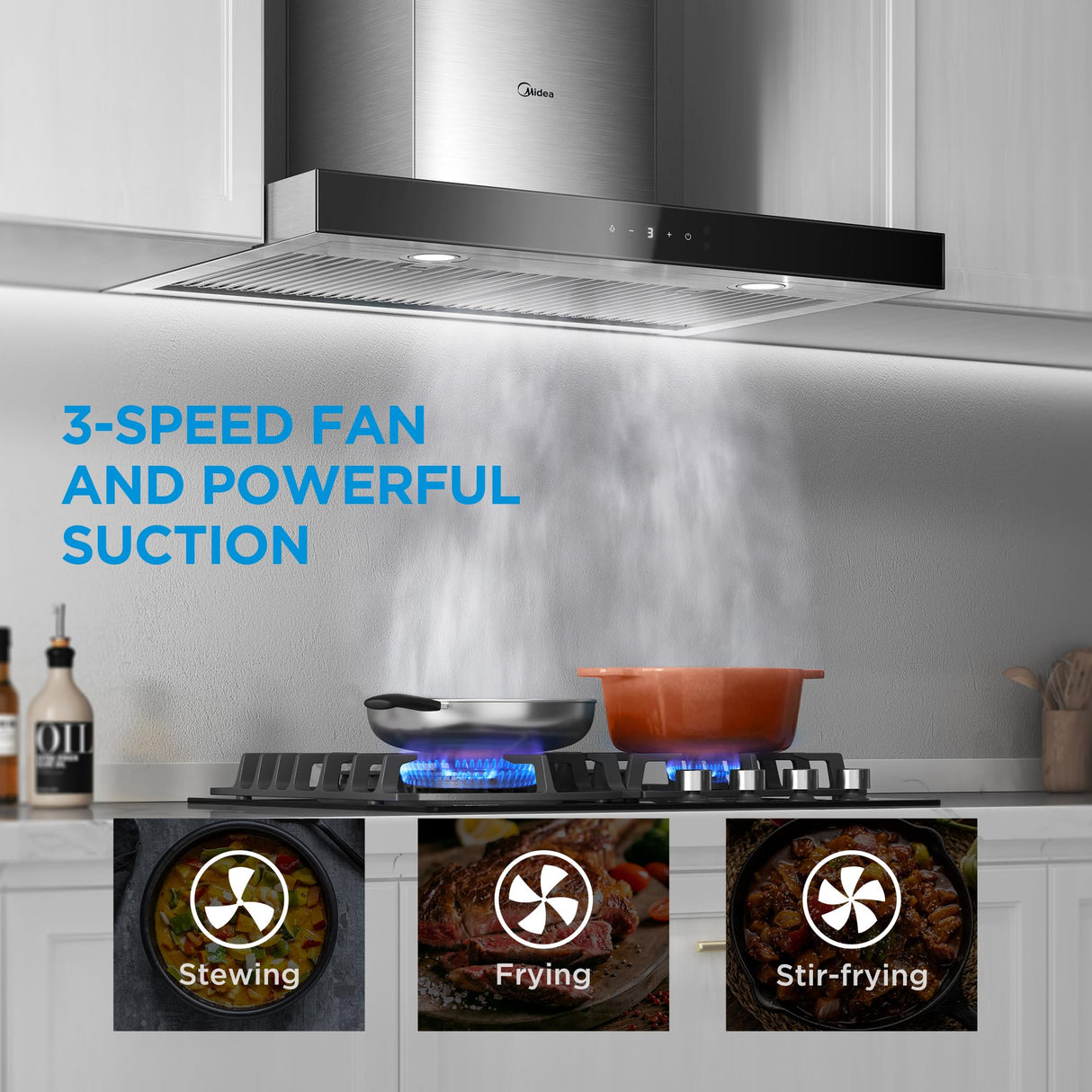 Midea MVT30W9AST Range 30 Inch 450CFM Vent T Shape Stove Hood with 5-Layer Aluminum Permanent Filters Kitchen, Ductless Convertible, 3 Speed Exhaust Fan, Stainless Steel Midea