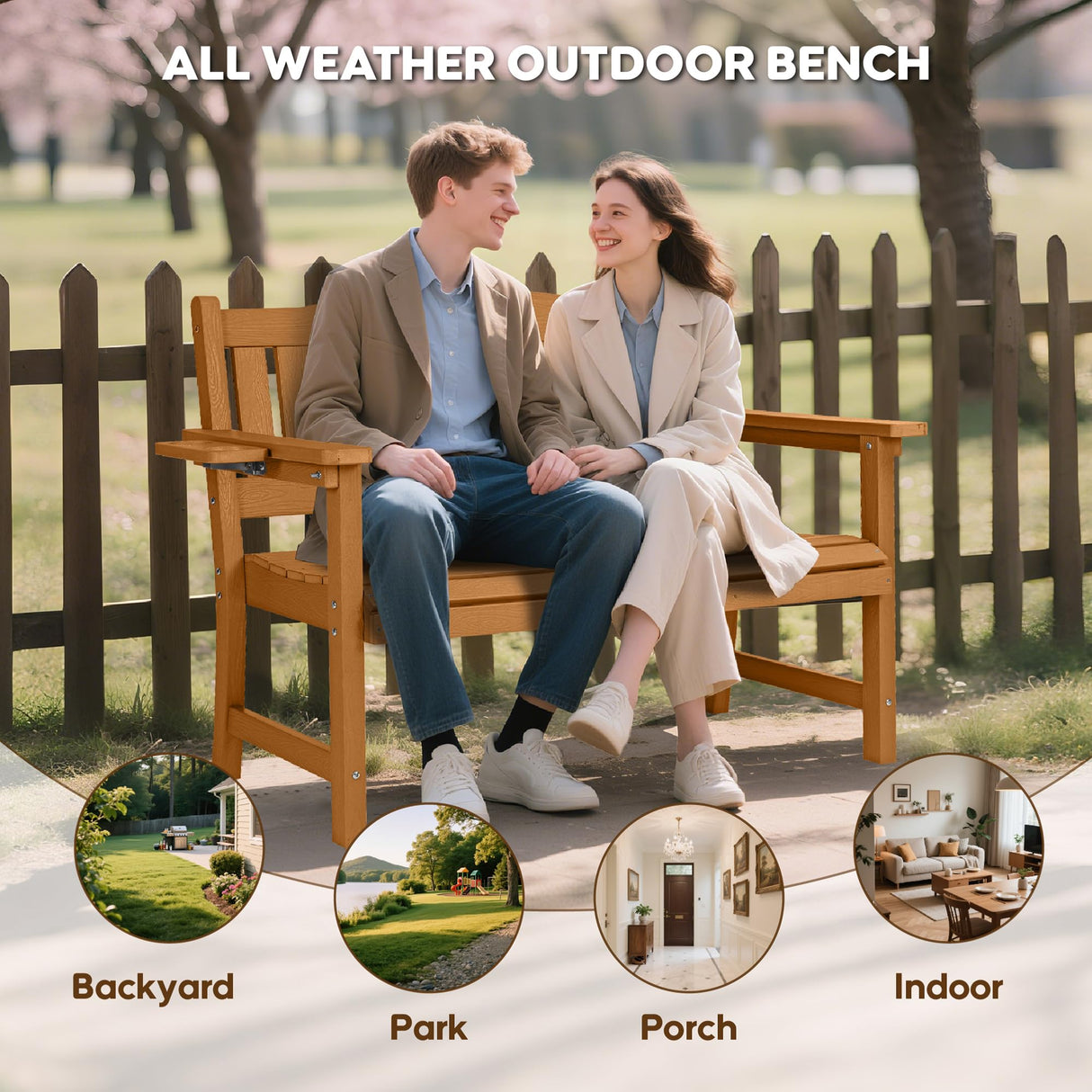 2-Person HIPS Outdoor Benches, Weatherproof Garden Bench with 800 lbs Weight Capacity, Artificial Wood Grains, Never Rot or Fade, Patio Benches for Garden, Porch, Balcony, Backyard,Park, Brown Sunnibety