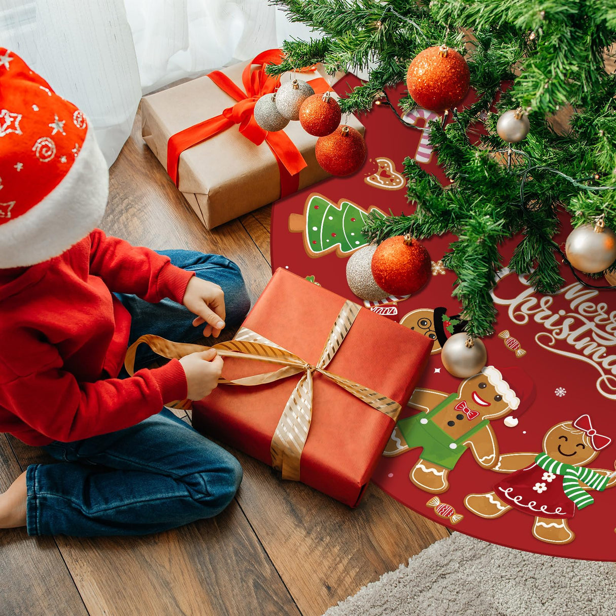 Marspark Merry Christmas Tree Skirt 48 Inch Gingerbread Man Christmas Tree Mat with Cute Candy Cane Snowflakes Xmas Ornaments for Winter Holiday Xmas New Year Party Decor Supplies(Red) Marspark