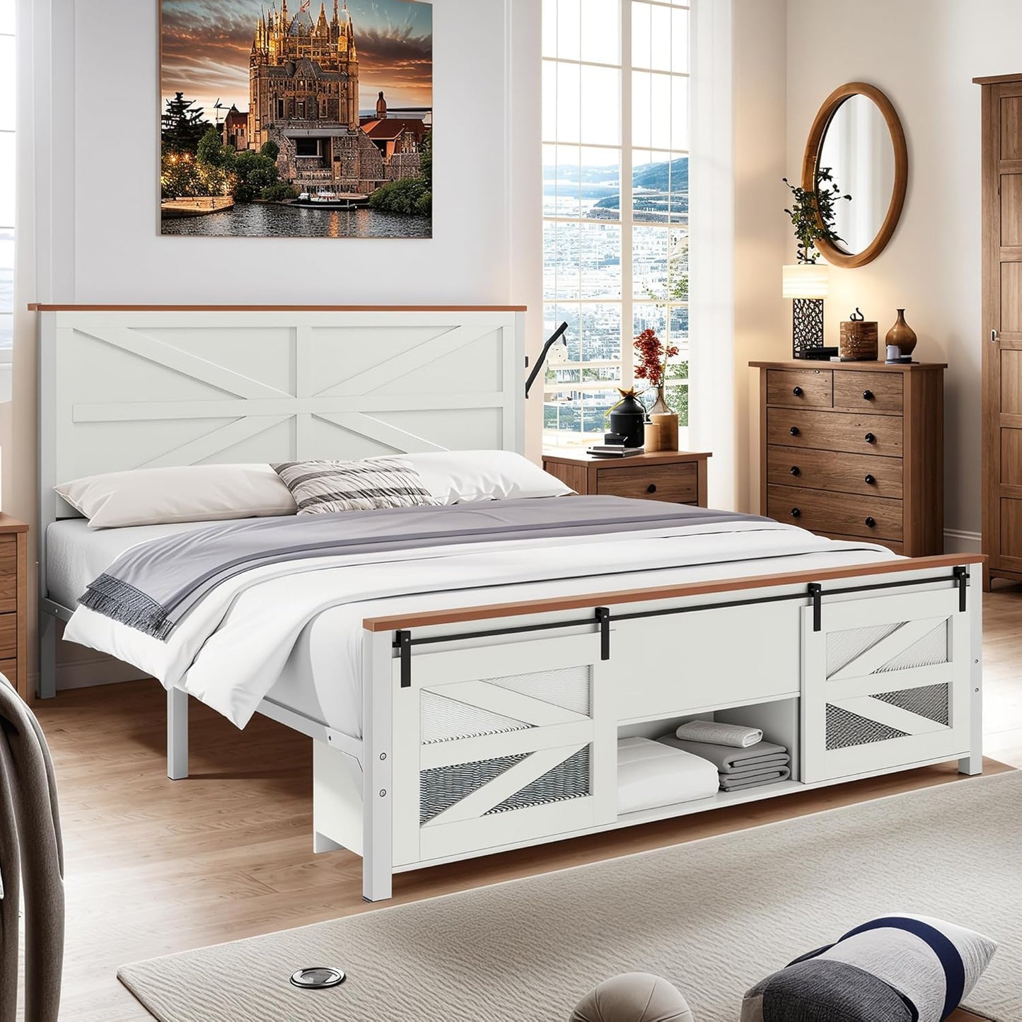 YITAHOME Farmhouse Queen Size Bed Frame with Sliding Barn Door Storage Cabinets, Farmhouse Platform Bed Frame with Headboard Solid Metal Slats Support, Noiseless, No Box Spring Needed, White